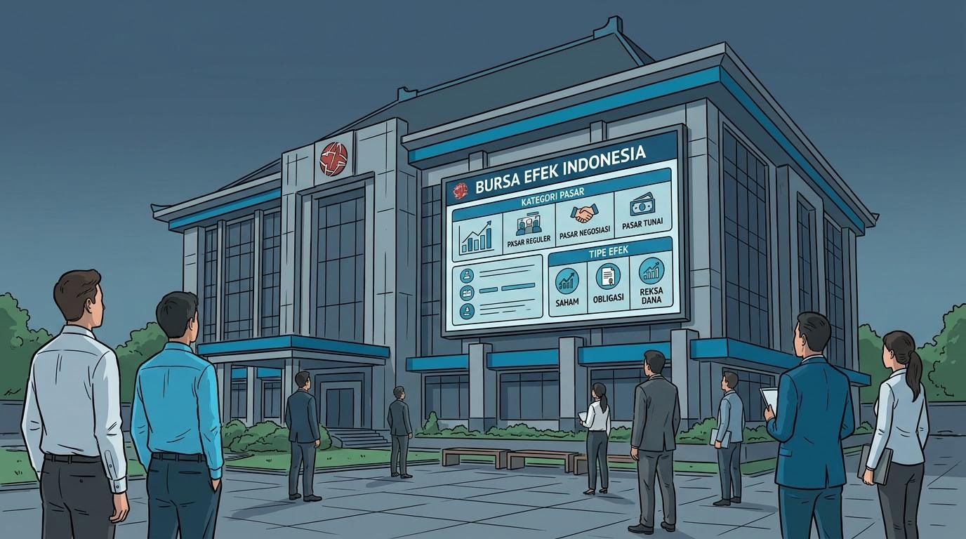 Ilustrasi gedung dan papan informasi Bursa Efek Indonesia sebagai tempat perdagangan efek terorganisir